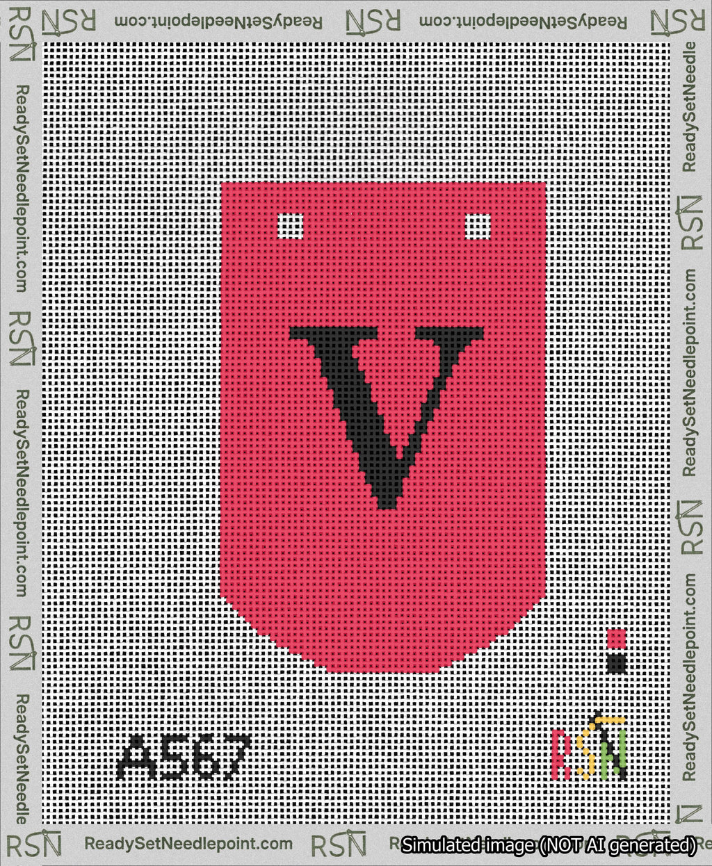 A taped needlepoint canvas with the design: Banner 13 mesh count Curved V Black on Red.