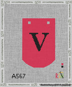 A taped needlepoint canvas with the design: Banner 13 mesh count Curved V Black on Red.