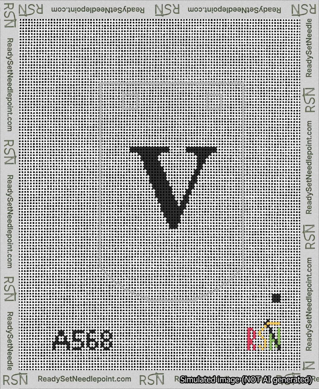 A taped needlepoint canvas with the design: Banner 13 mesh count Curved V Black on White.