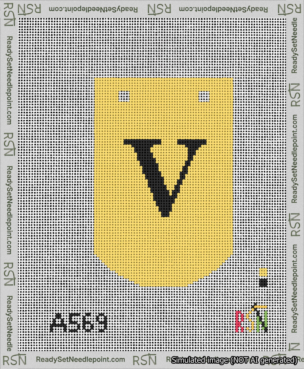 A taped needlepoint canvas with the design: Banner 13 mesh count Curved V Black on Yellow.
