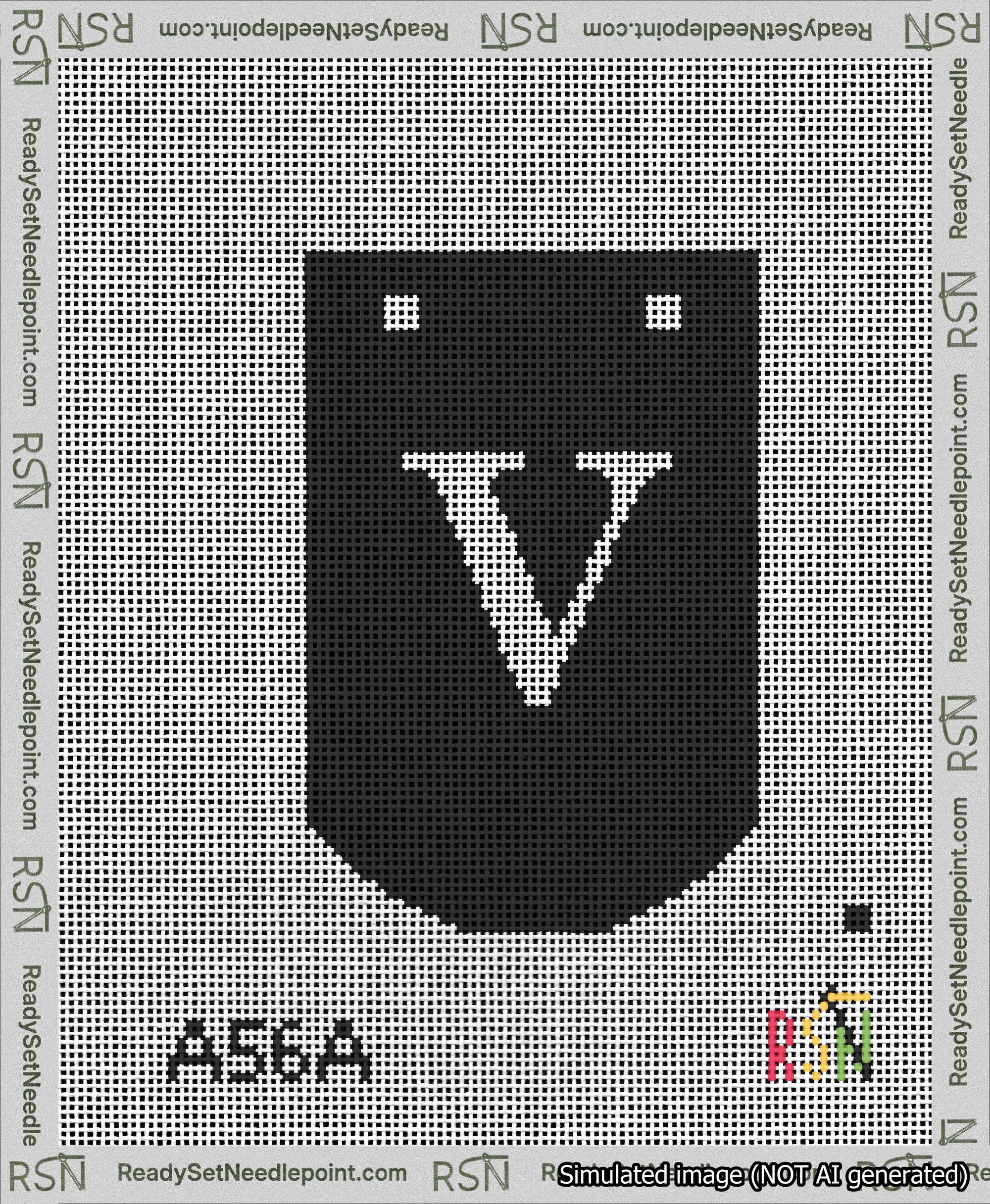 A taped needlepoint canvas with the design: Banner 13 mesh count Curved V White on Black.