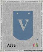 A taped needlepoint canvas with the design: Banner 13 mesh count Curved V White on Blue.