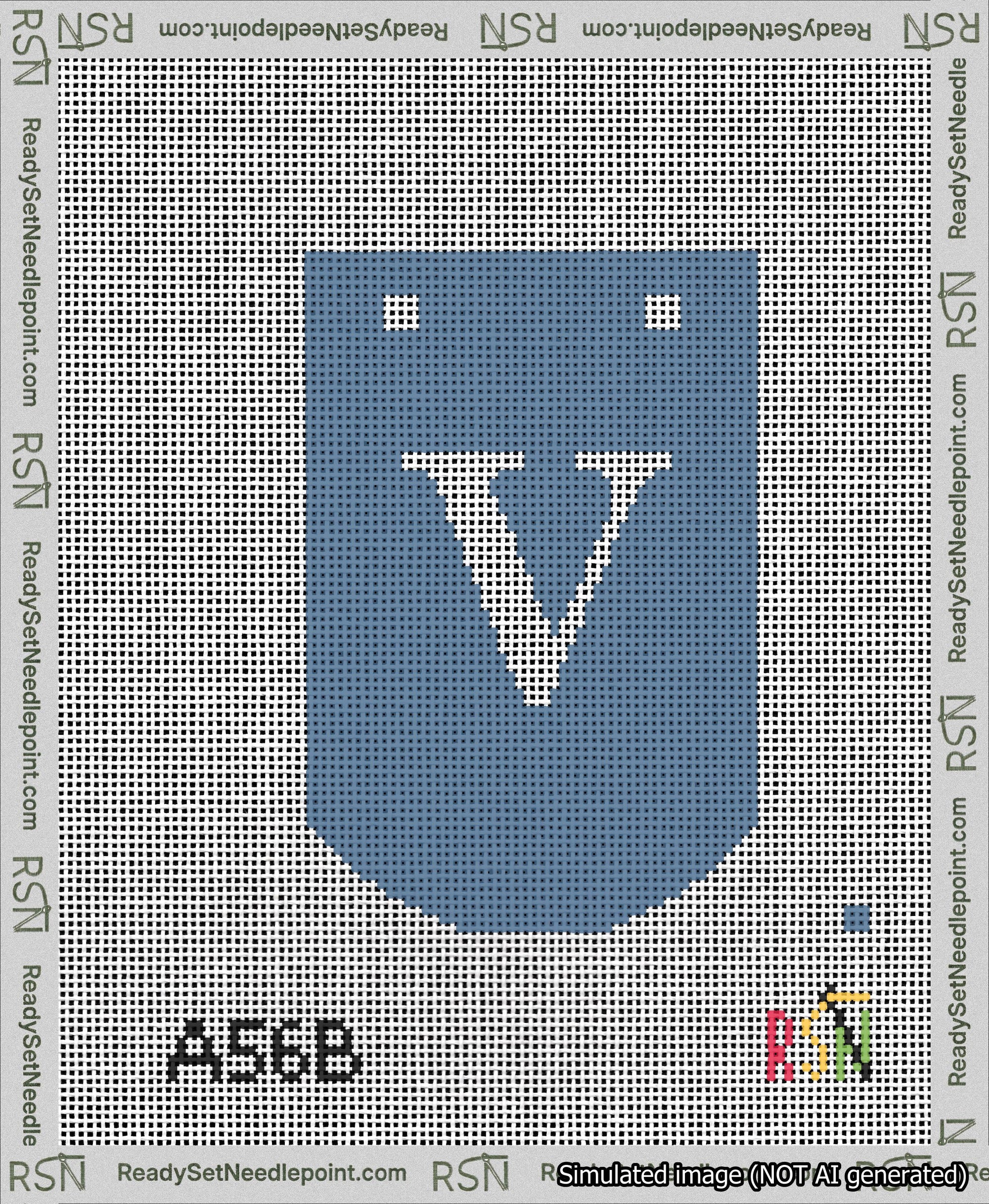 A taped needlepoint canvas with the design: Banner 13 mesh count Curved V White on Blue.