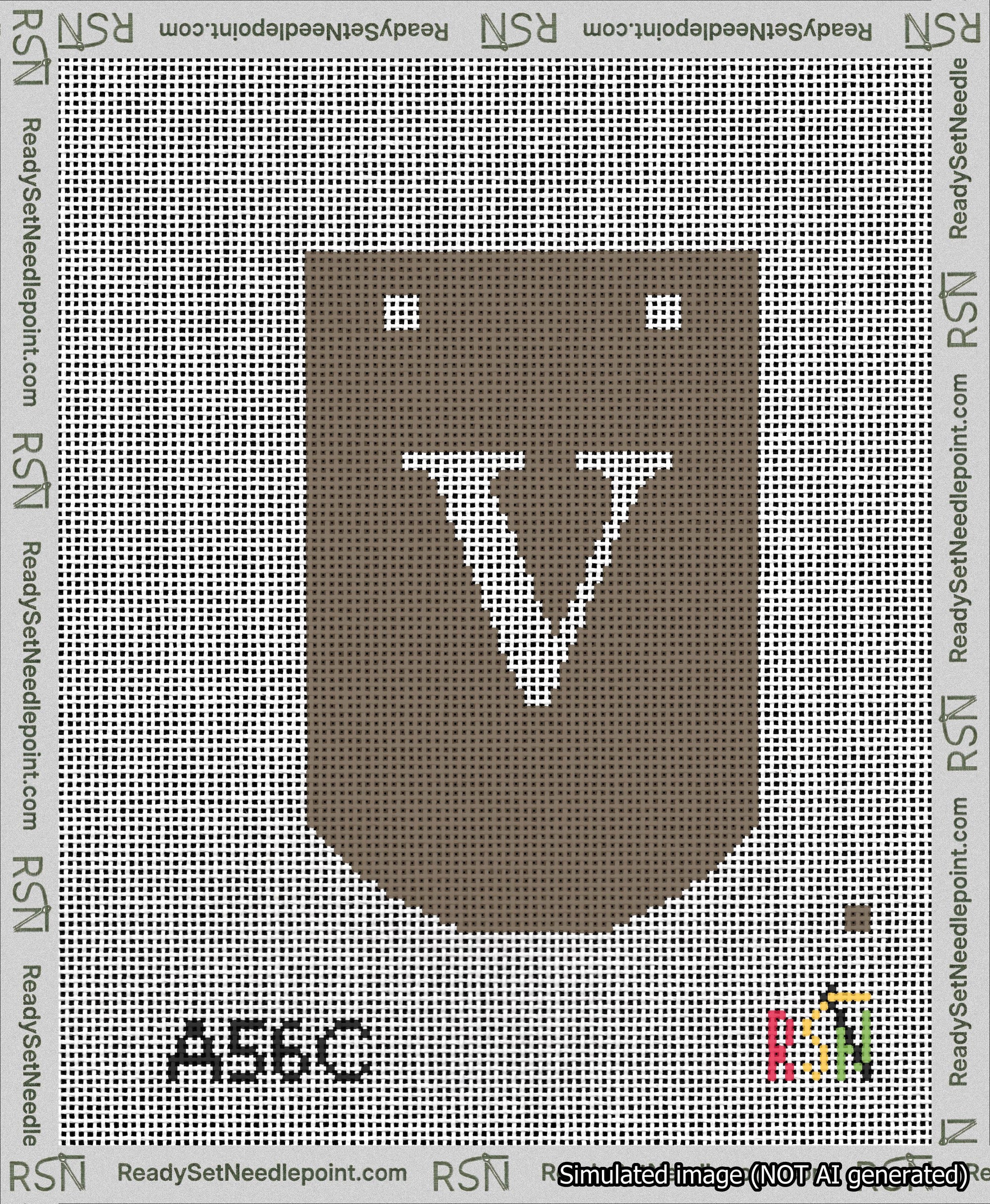 A taped needlepoint canvas with the design: Banner 13 mesh count Curved V White on Brown.