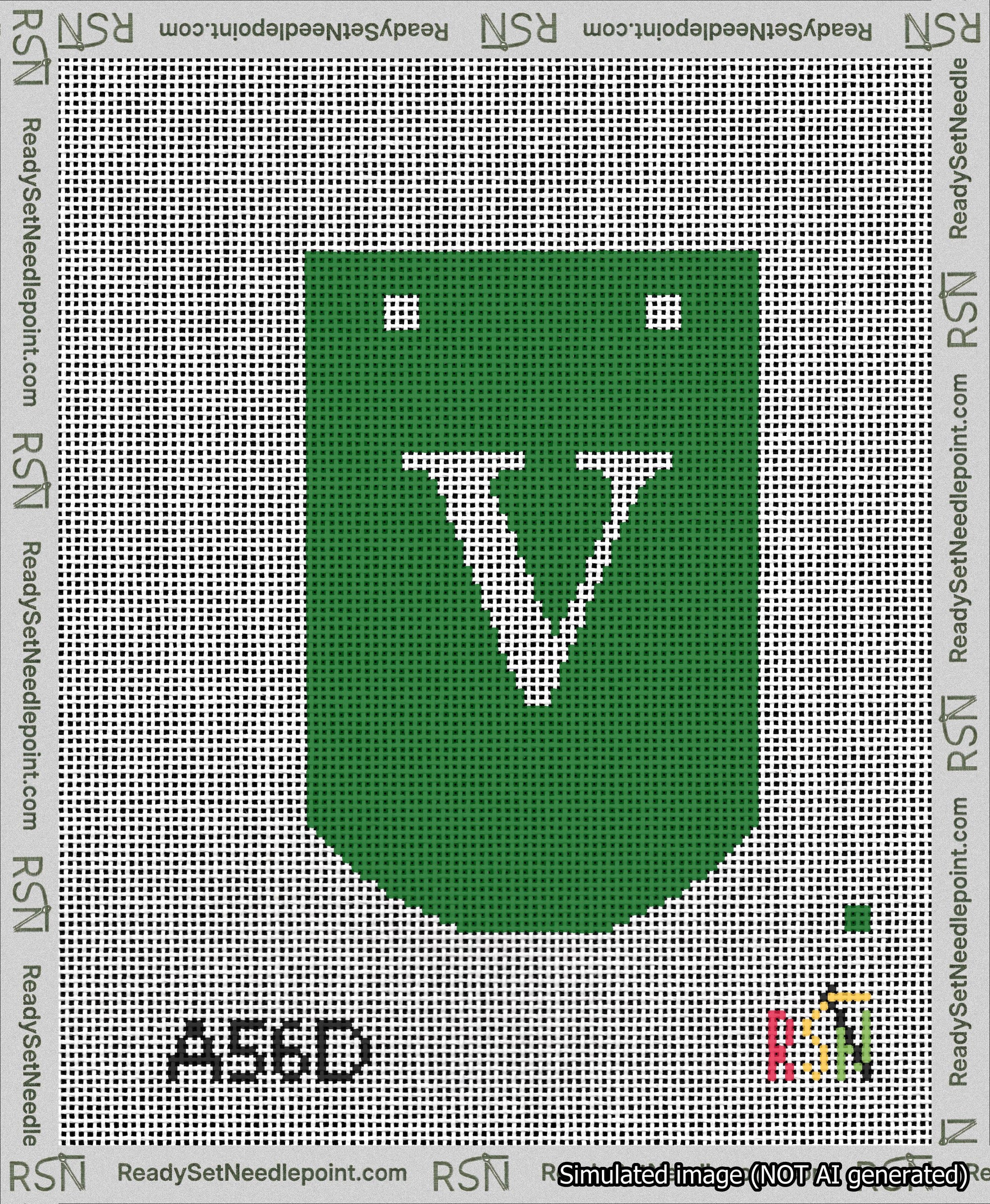 A taped needlepoint canvas with the design: Banner 13 mesh count Curved V White on Green.