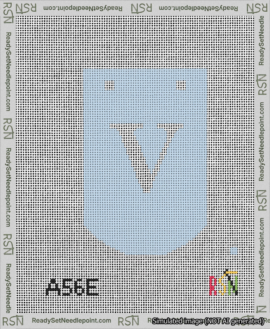 A taped needlepoint canvas with the design: Banner 13 mesh count Curved V White on Light Blue.