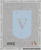 A taped needlepoint canvas with the design: Banner 13 mesh count Curved V White on Light Blue.
