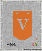 A taped needlepoint canvas with the design: Banner 13 mesh count Curved V White on Orange.