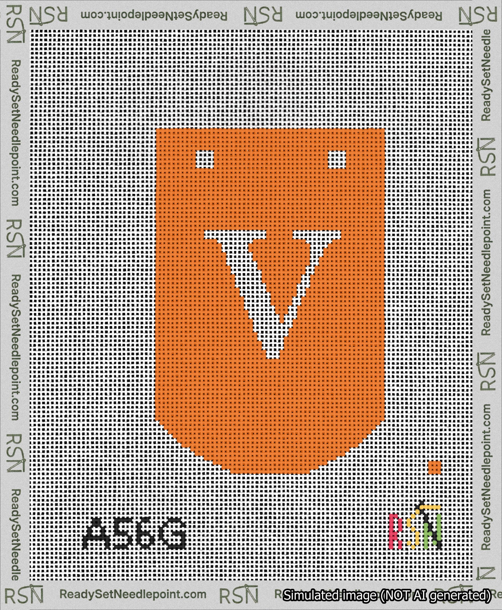 A taped needlepoint canvas with the design: Banner 13 mesh count Curved V White on Orange.