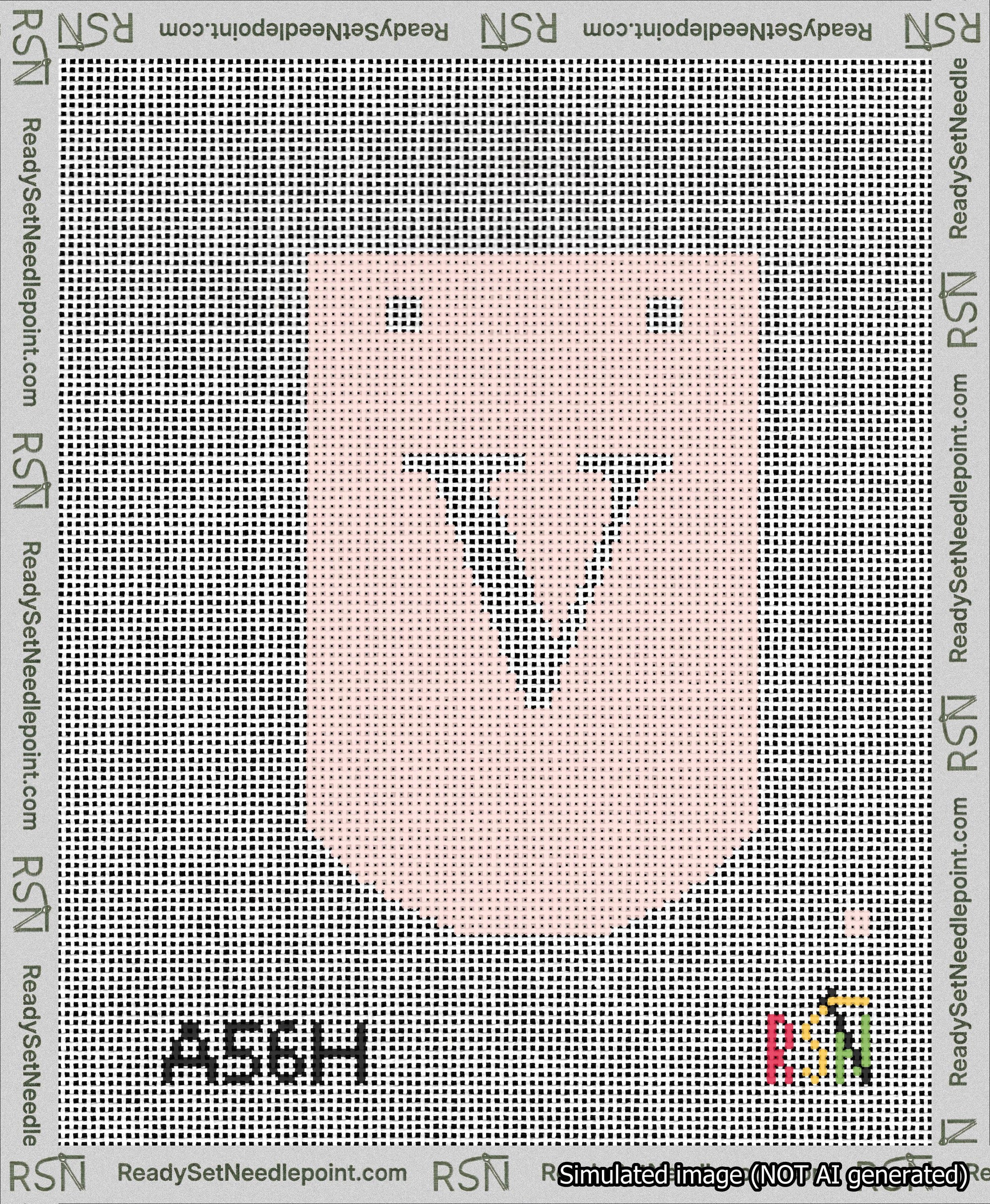 A taped needlepoint canvas with the design: Banner 13 mesh count Curved V White on Pink.