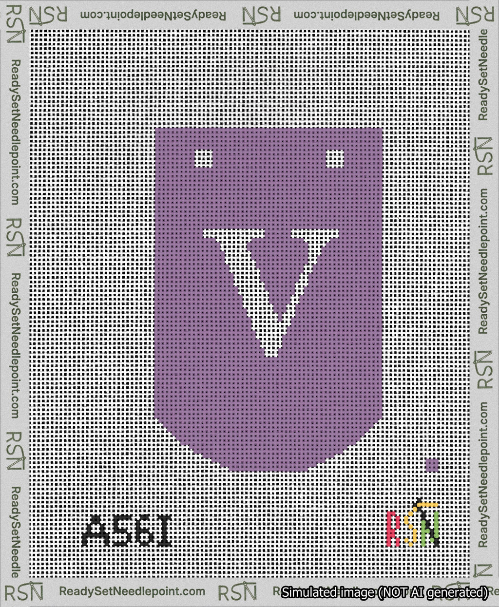 A taped needlepoint canvas with the design: Banner 13 mesh count Curved V White on Purple.