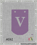 A taped needlepoint canvas with the design: Banner 13 mesh count Curved V White on Purple.