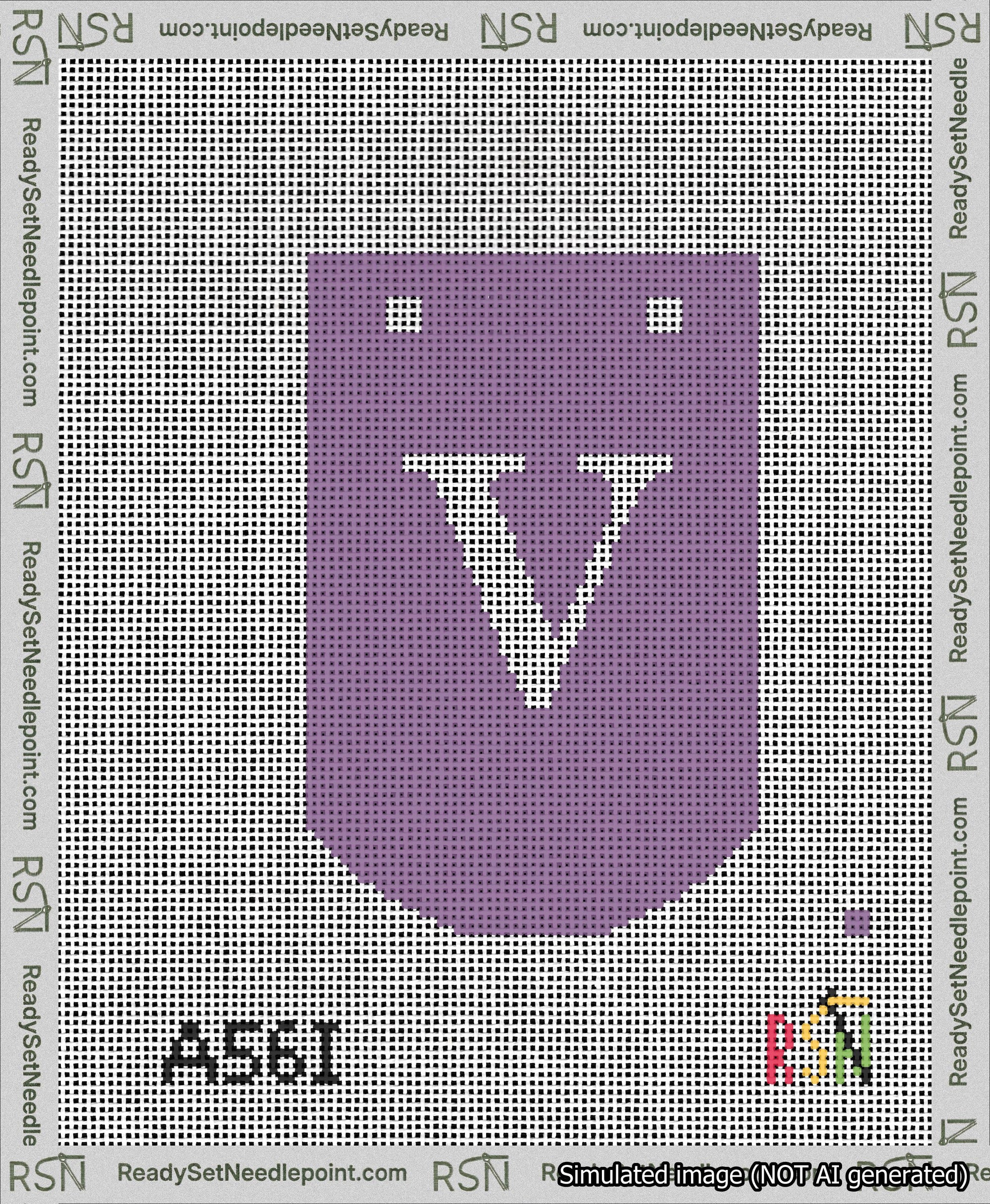 A taped needlepoint canvas with the design: Banner 13 mesh count Curved V White on Purple.