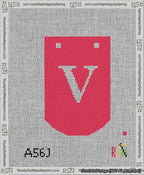 A taped needlepoint canvas with the design: Banner 13 mesh count Curved V White on Red.