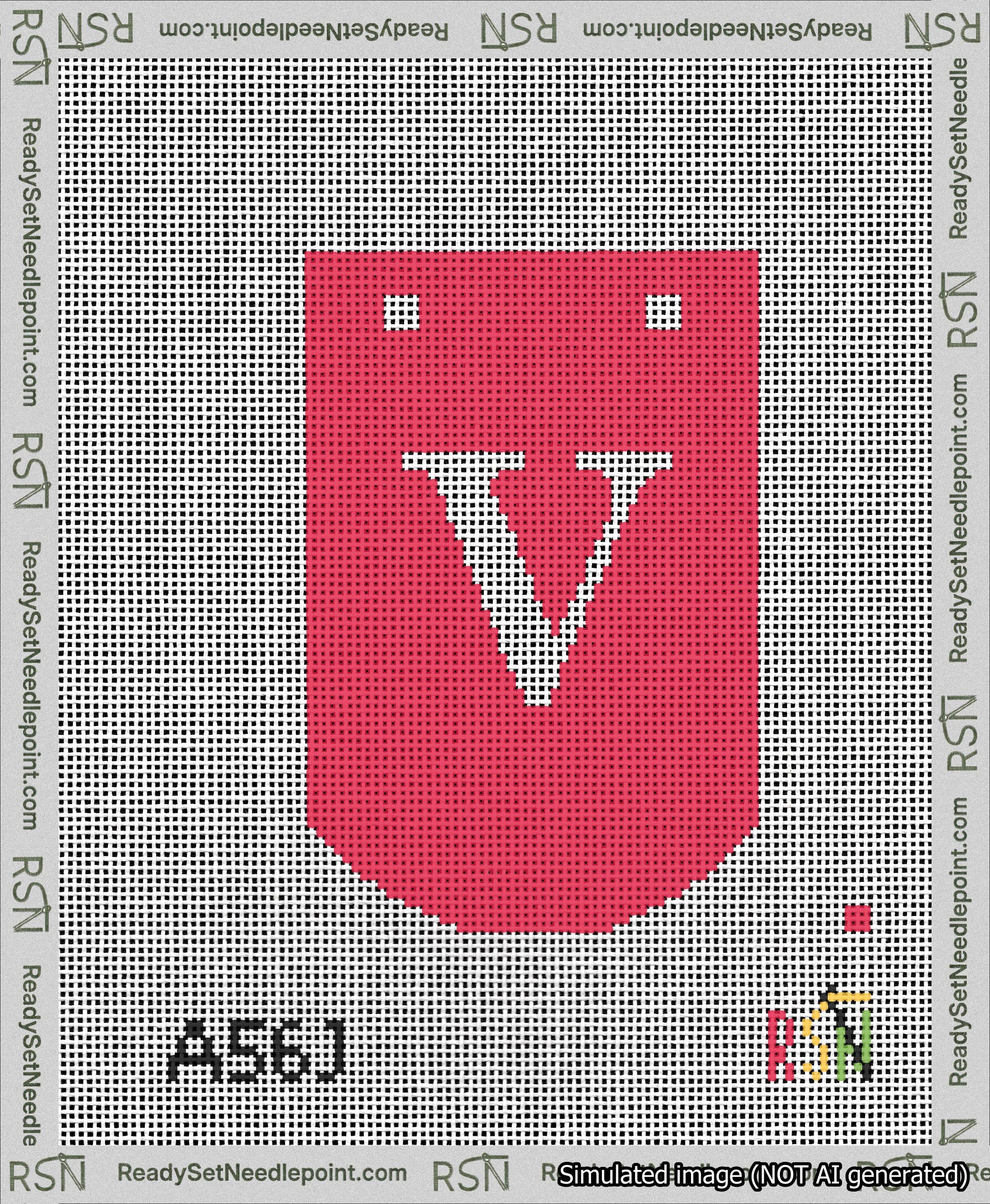 A taped needlepoint canvas with the design: Banner 13 mesh count Curved V White on Red.