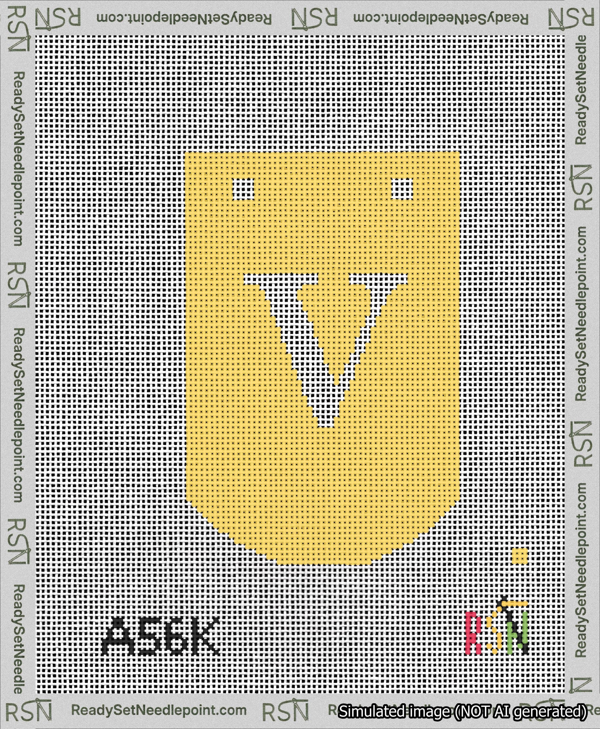 A taped needlepoint canvas with the design: Banner 13 mesh count Curved V White on Yellow.