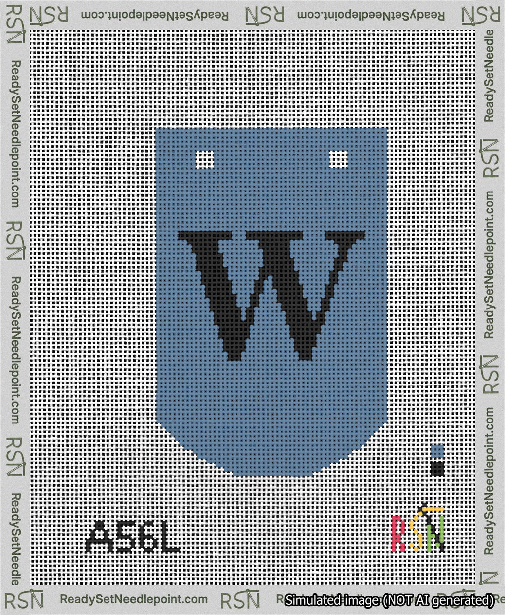 A taped needlepoint canvas with the design: Banner 13 mesh count Curved W Black on Blue.