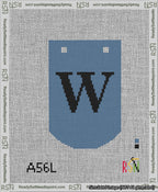 A taped needlepoint canvas with the design: Banner 13 mesh count Curved W Black on Blue.