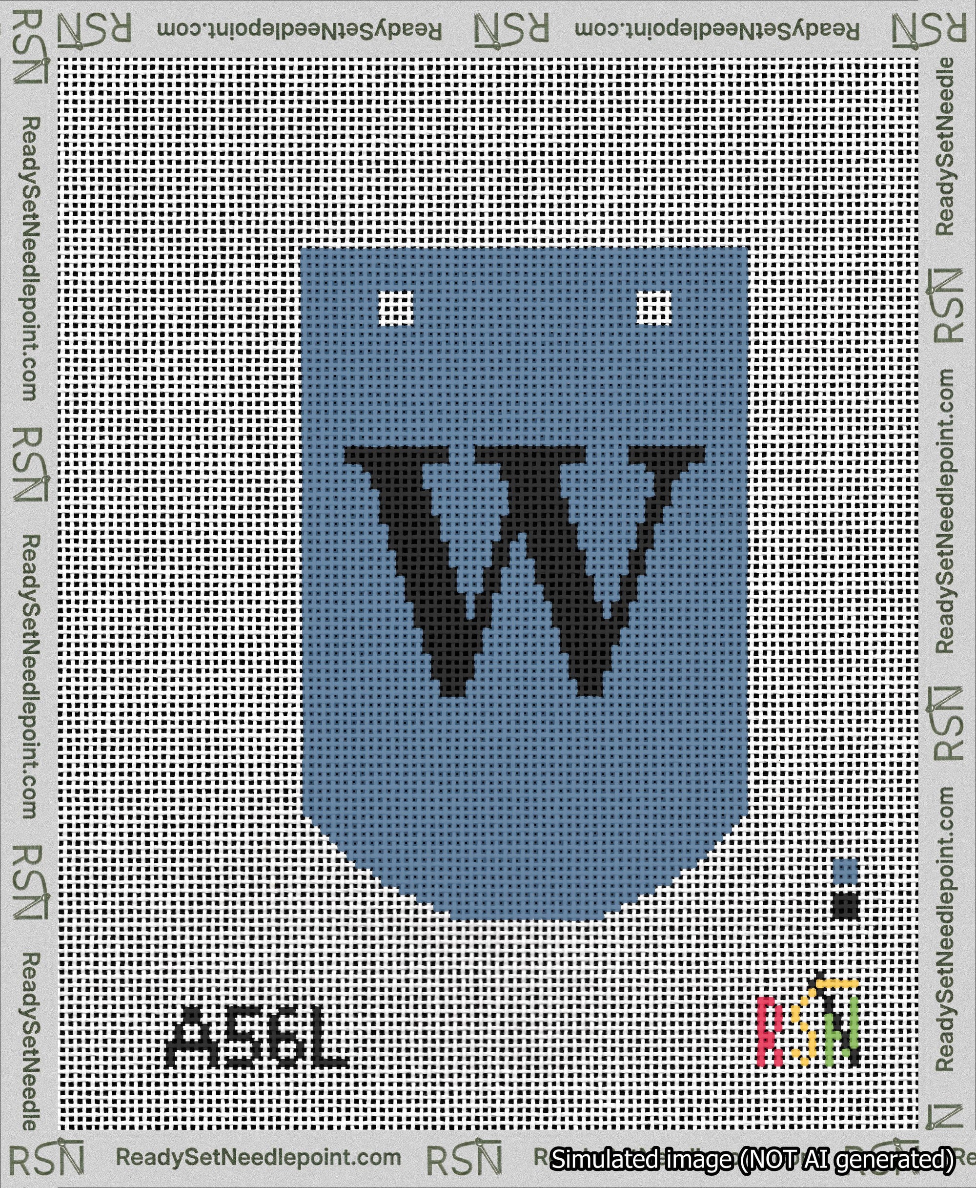 A taped needlepoint canvas with the design: Banner 13 mesh count Curved W Black on Blue.