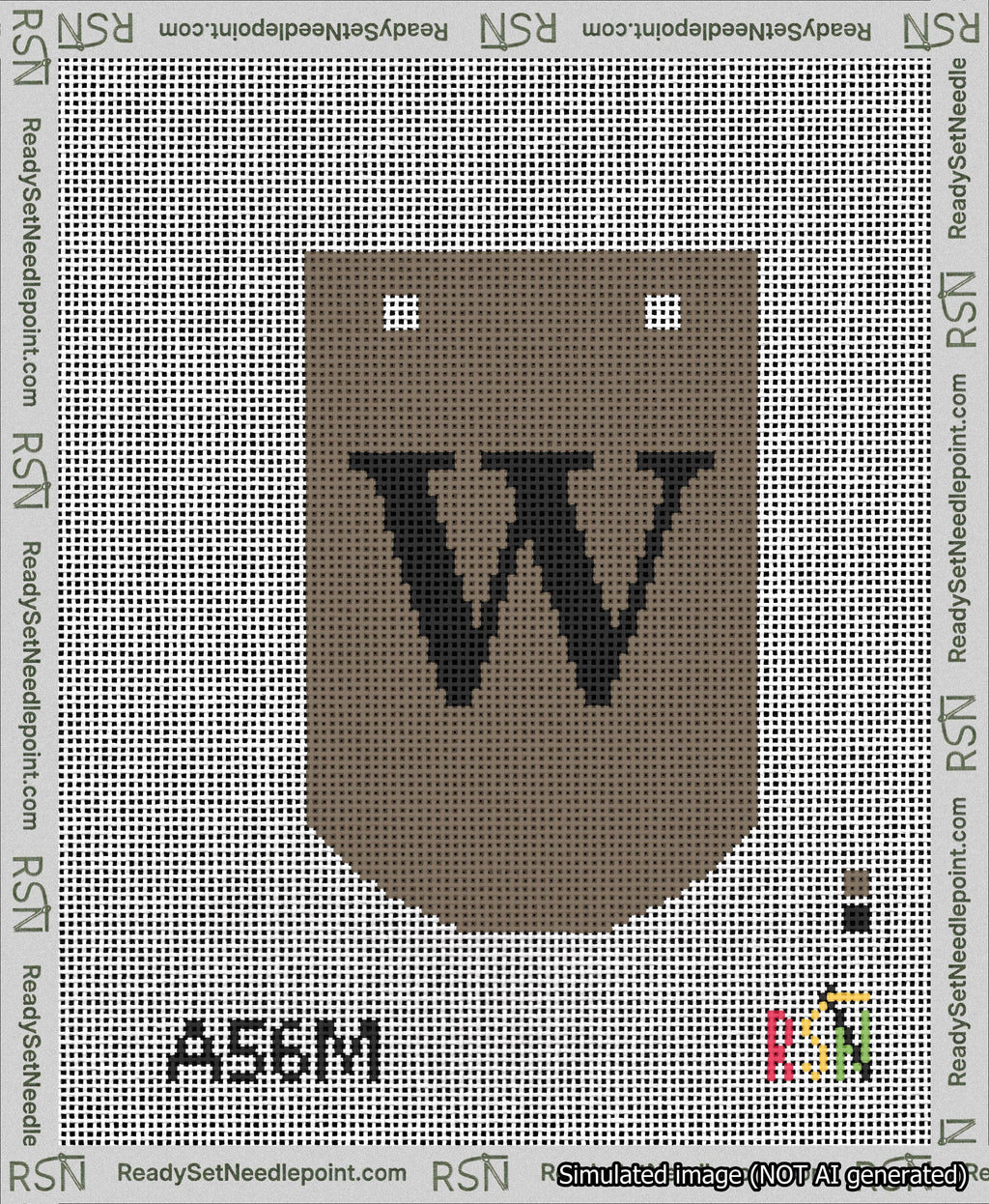 A taped needlepoint canvas with the design: Banner 13 mesh count Curved W Black on Brown.