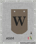 A taped needlepoint canvas with the design: Banner 13 mesh count Curved W Black on Brown.