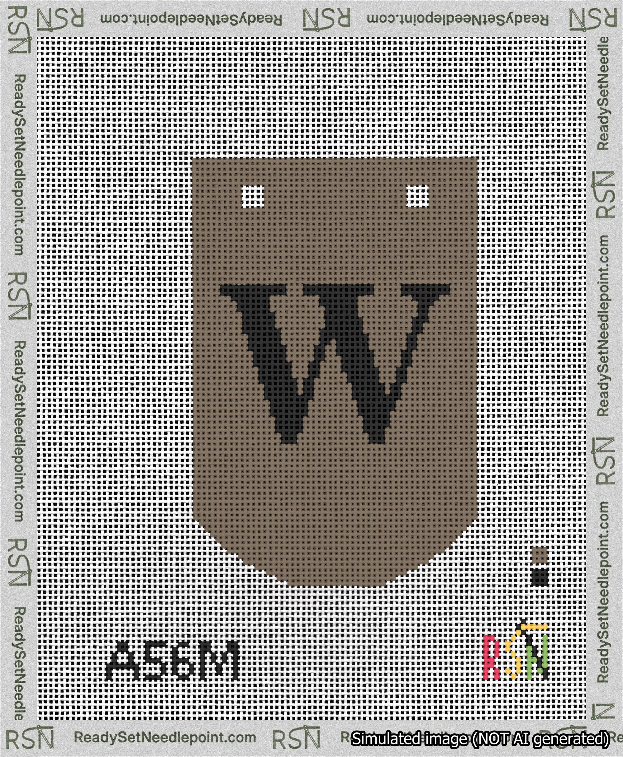 A taped needlepoint canvas with the design: Banner 13 mesh count Curved W Black on Brown.