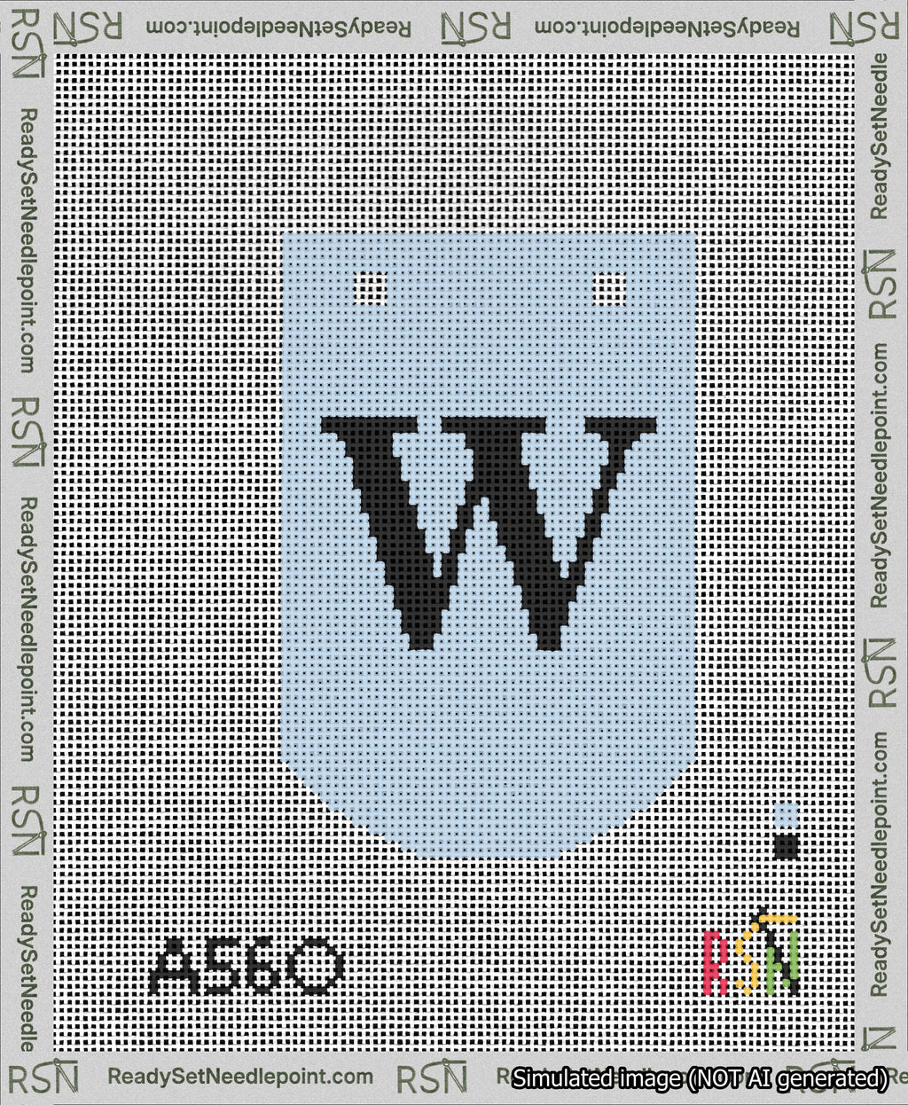 A taped needlepoint canvas with the design: Banner 13 mesh count Curved W Black on Light Blue.