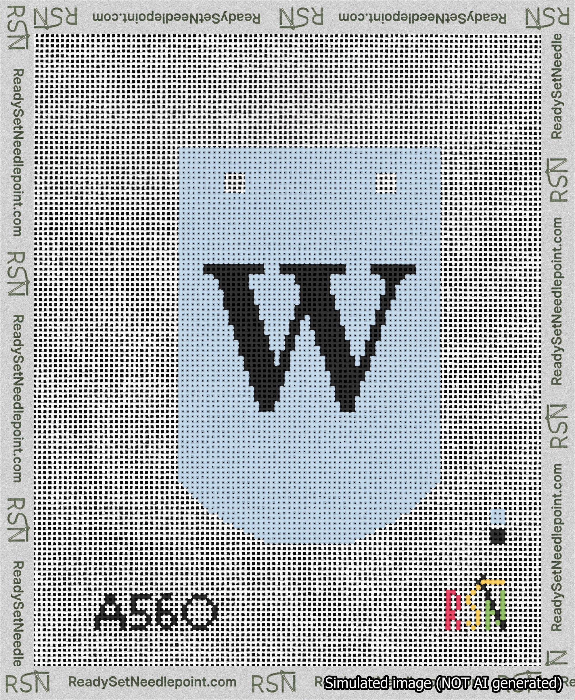 A taped needlepoint canvas with the design: Banner 13 mesh count Curved W Black on Light Blue.