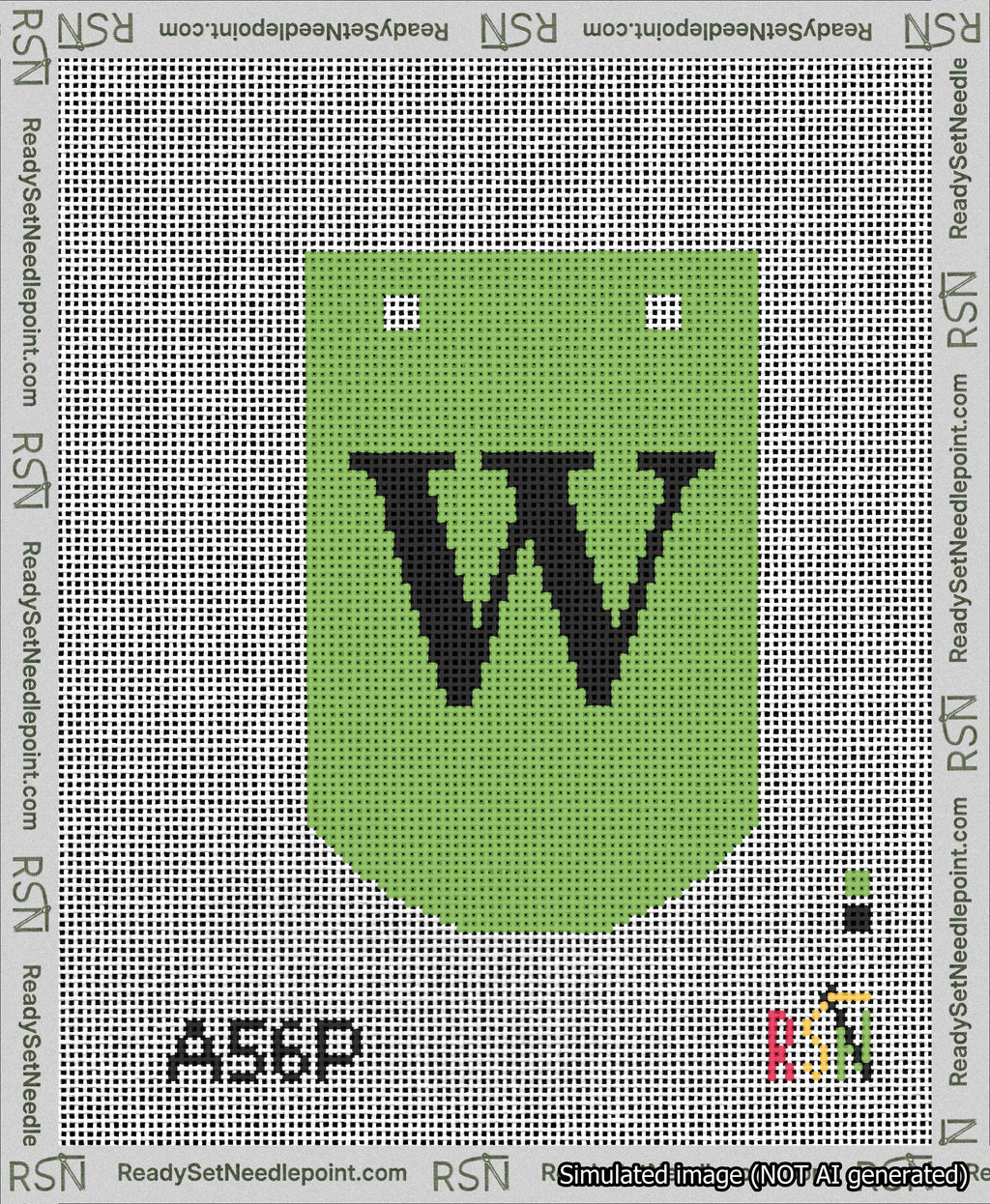 A taped needlepoint canvas with the design: Banner 13 mesh count Curved W Black on Light Green.