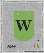 A taped needlepoint canvas with the design: Banner 13 mesh count Curved W Black on Light Green.
