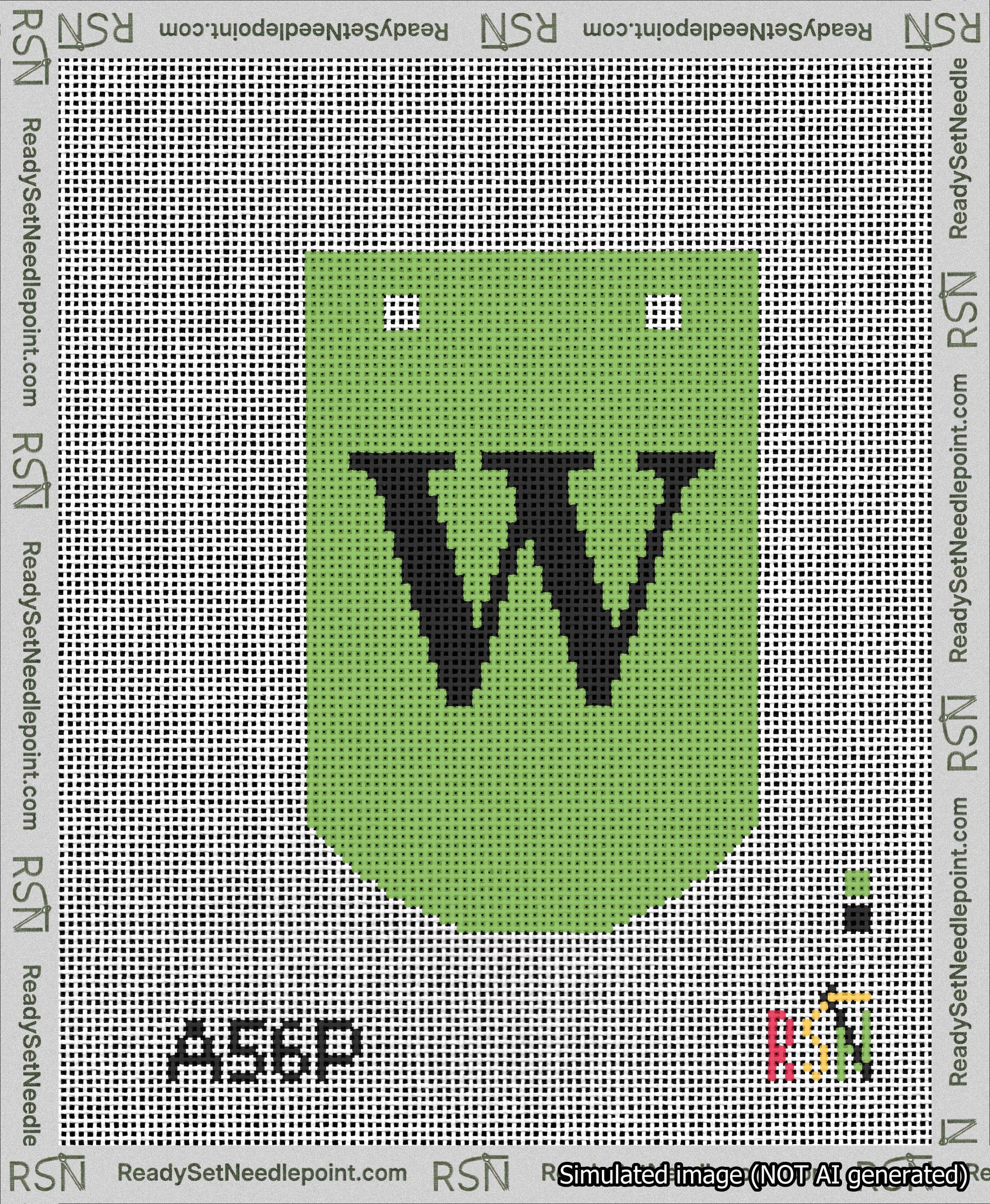 A taped needlepoint canvas with the design: Banner 13 mesh count Curved W Black on Light Green.