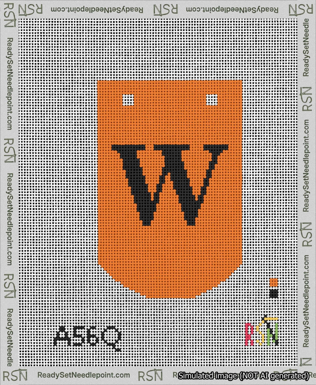 A taped needlepoint canvas with the design: Banner 13 mesh count Curved W Black on Orange.