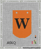 A taped needlepoint canvas with the design: Banner 13 mesh count Curved W Black on Orange.