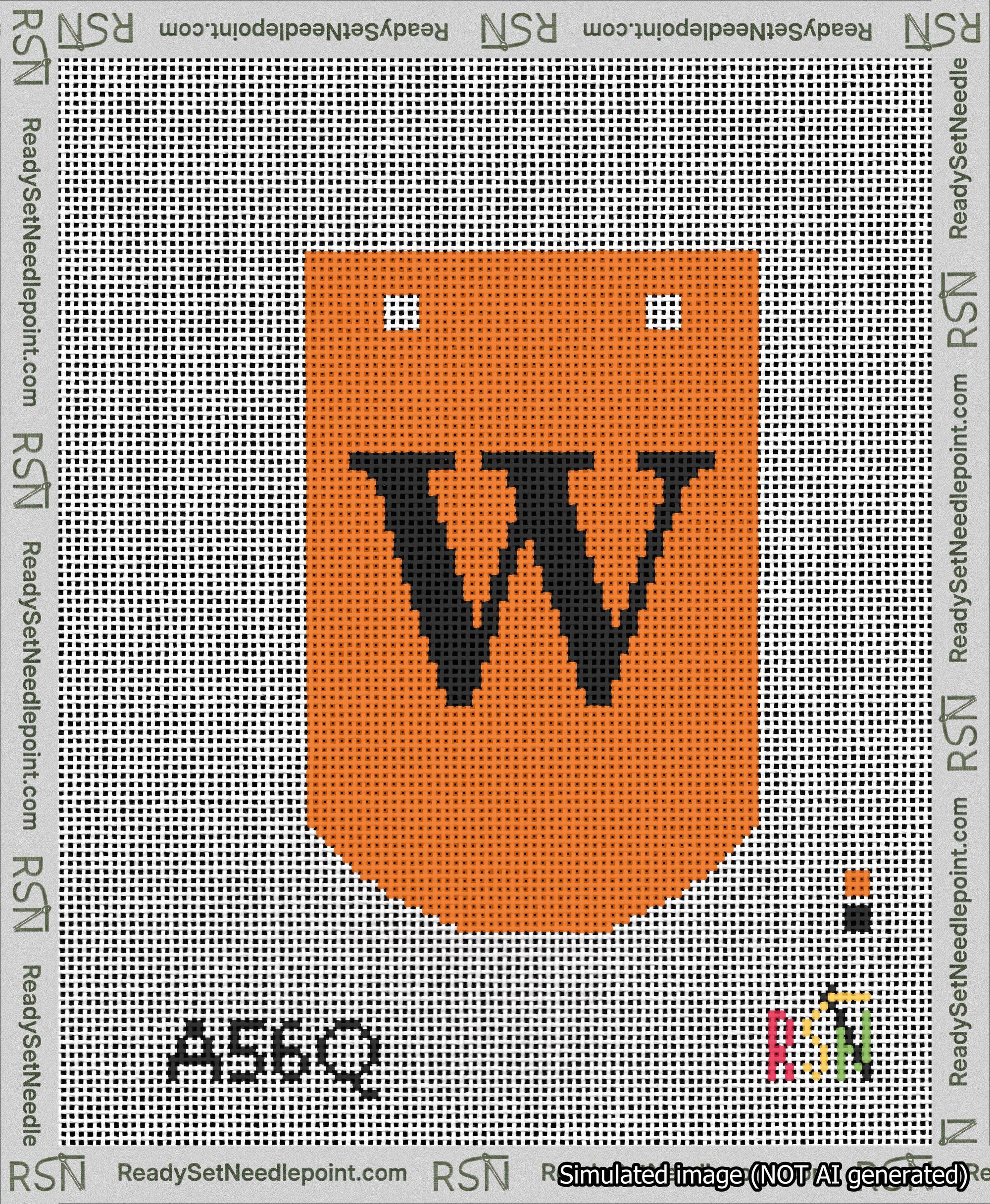 A taped needlepoint canvas with the design: Banner 13 mesh count Curved W Black on Orange.
