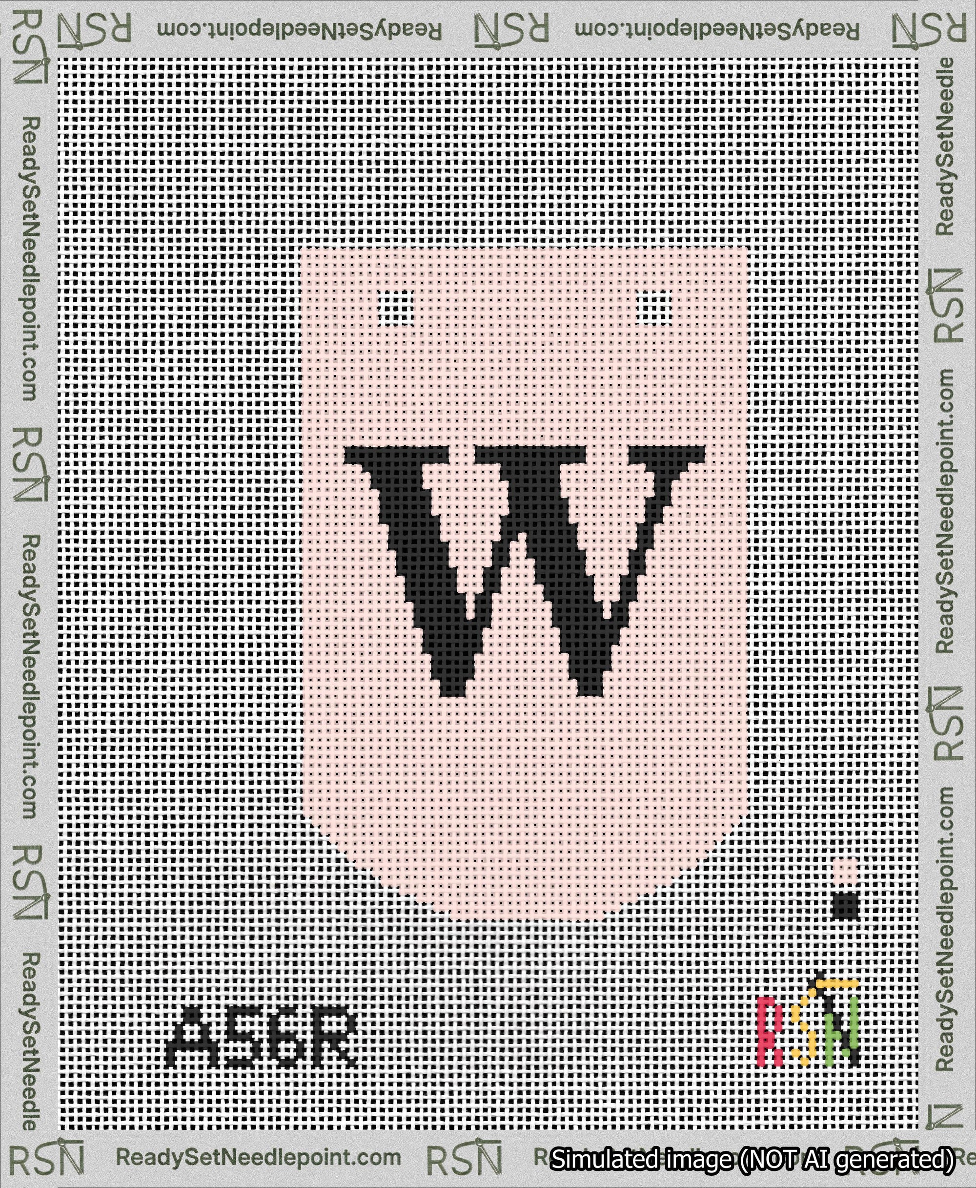 A taped needlepoint canvas with the design: Banner 13 mesh count Curved W Black on Pink.