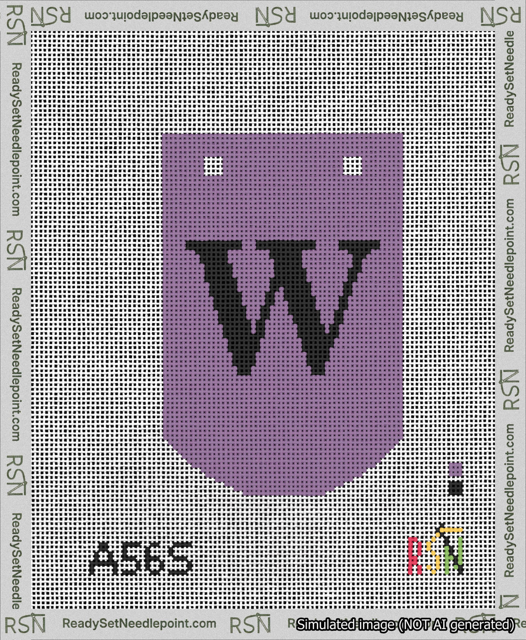 A taped needlepoint canvas with the design: Banner 13 mesh count Curved W Black on Purple.