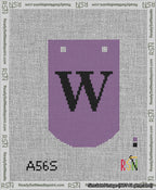 A taped needlepoint canvas with the design: Banner 13 mesh count Curved W Black on Purple.