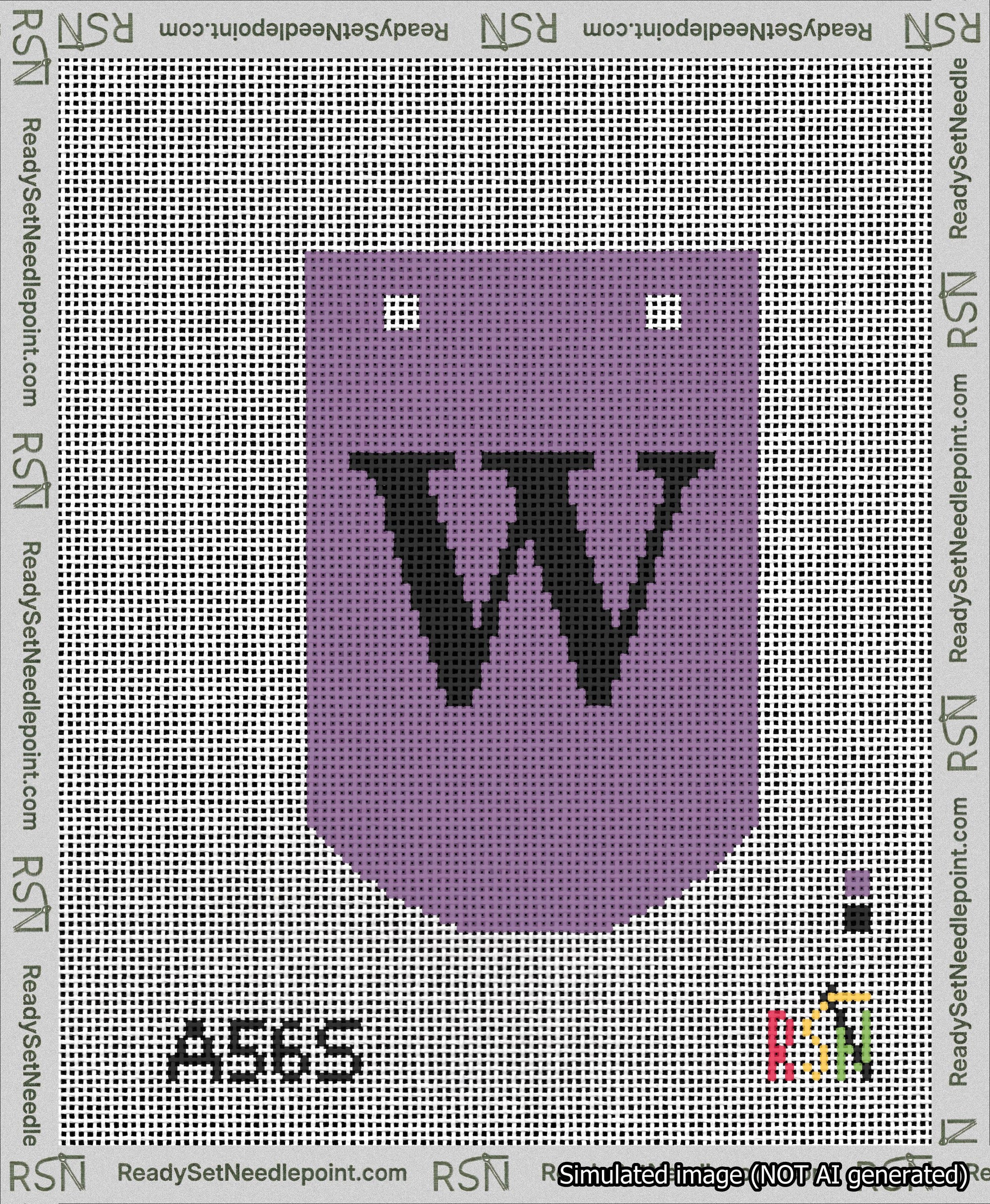 A taped needlepoint canvas with the design: Banner 13 mesh count Curved W Black on Purple.