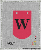 A taped needlepoint canvas with the design: Banner 13 mesh count Curved W Black on Red.