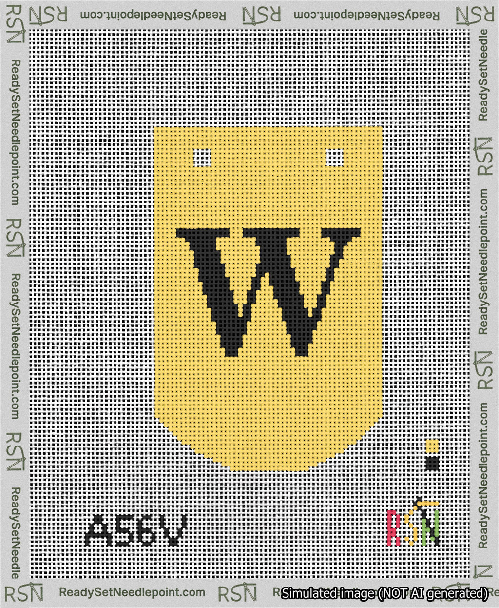 A taped needlepoint canvas with the design: Banner 13 mesh count Curved W Black on Yellow.