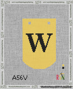 A taped needlepoint canvas with the design: Banner 13 mesh count Curved W Black on Yellow.
