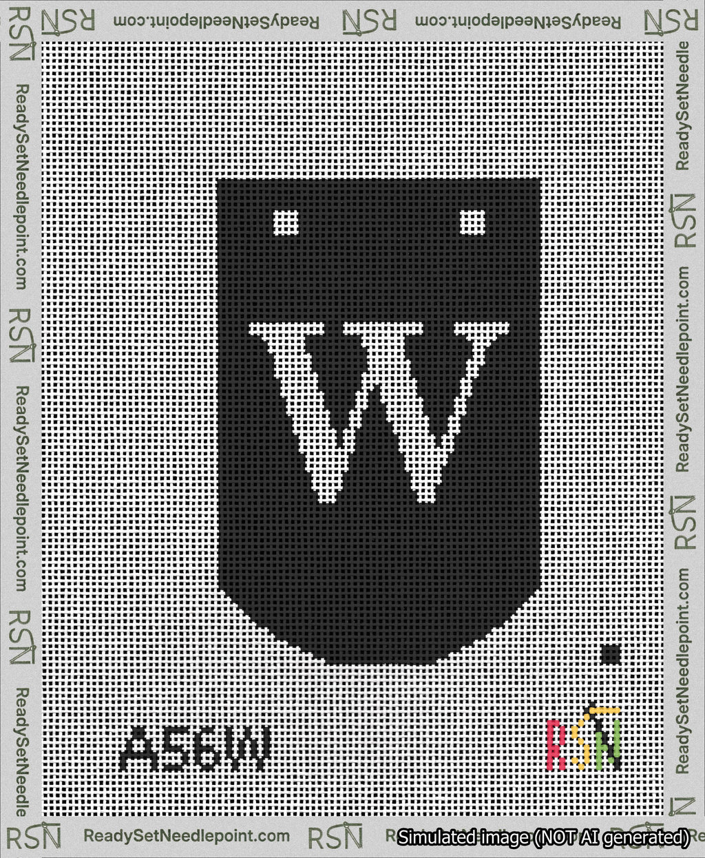 A taped needlepoint canvas with the design: Banner 13 mesh count Curved W White on Black.