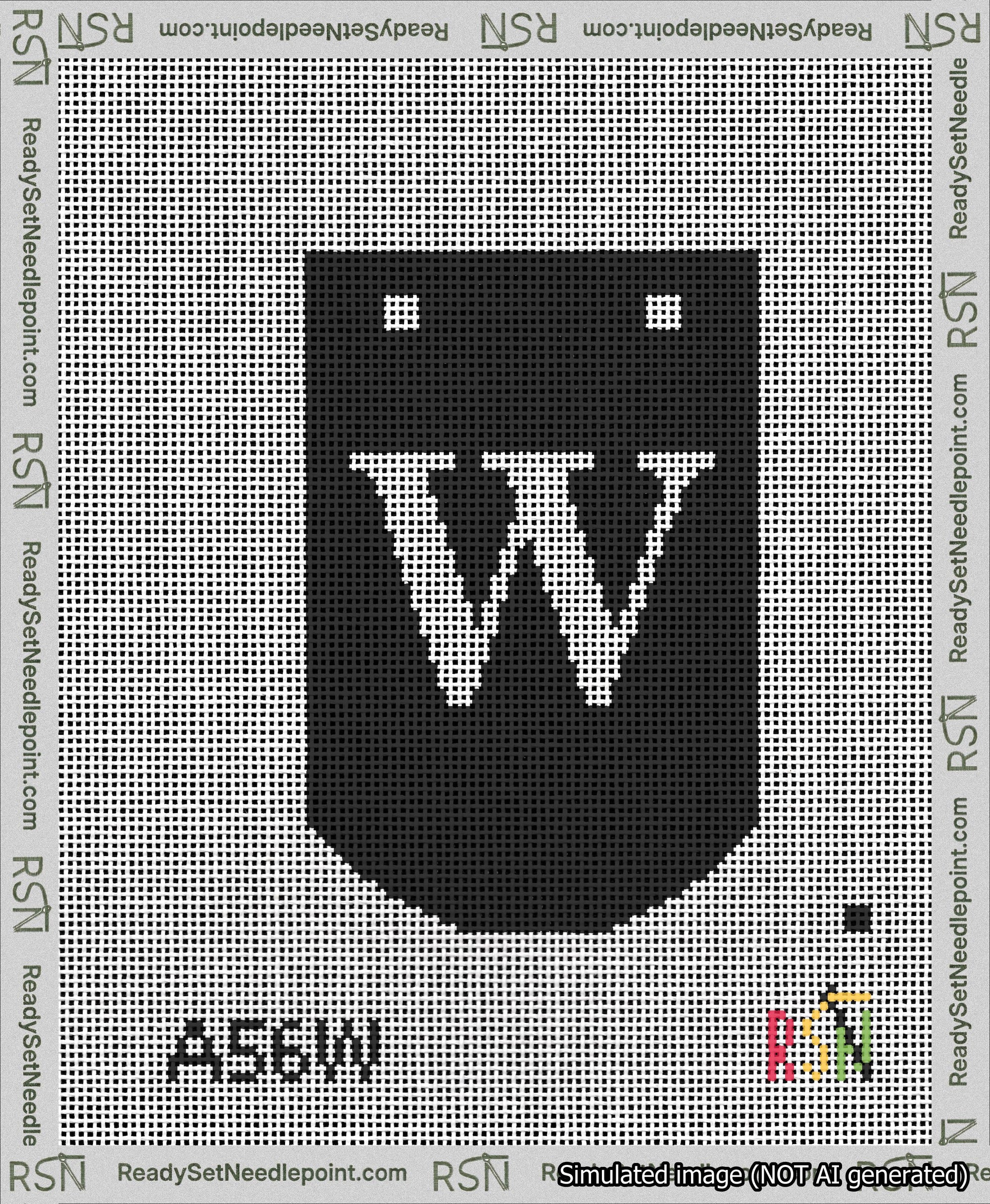 A taped needlepoint canvas with the design: Banner 13 mesh count Curved W White on Black.
