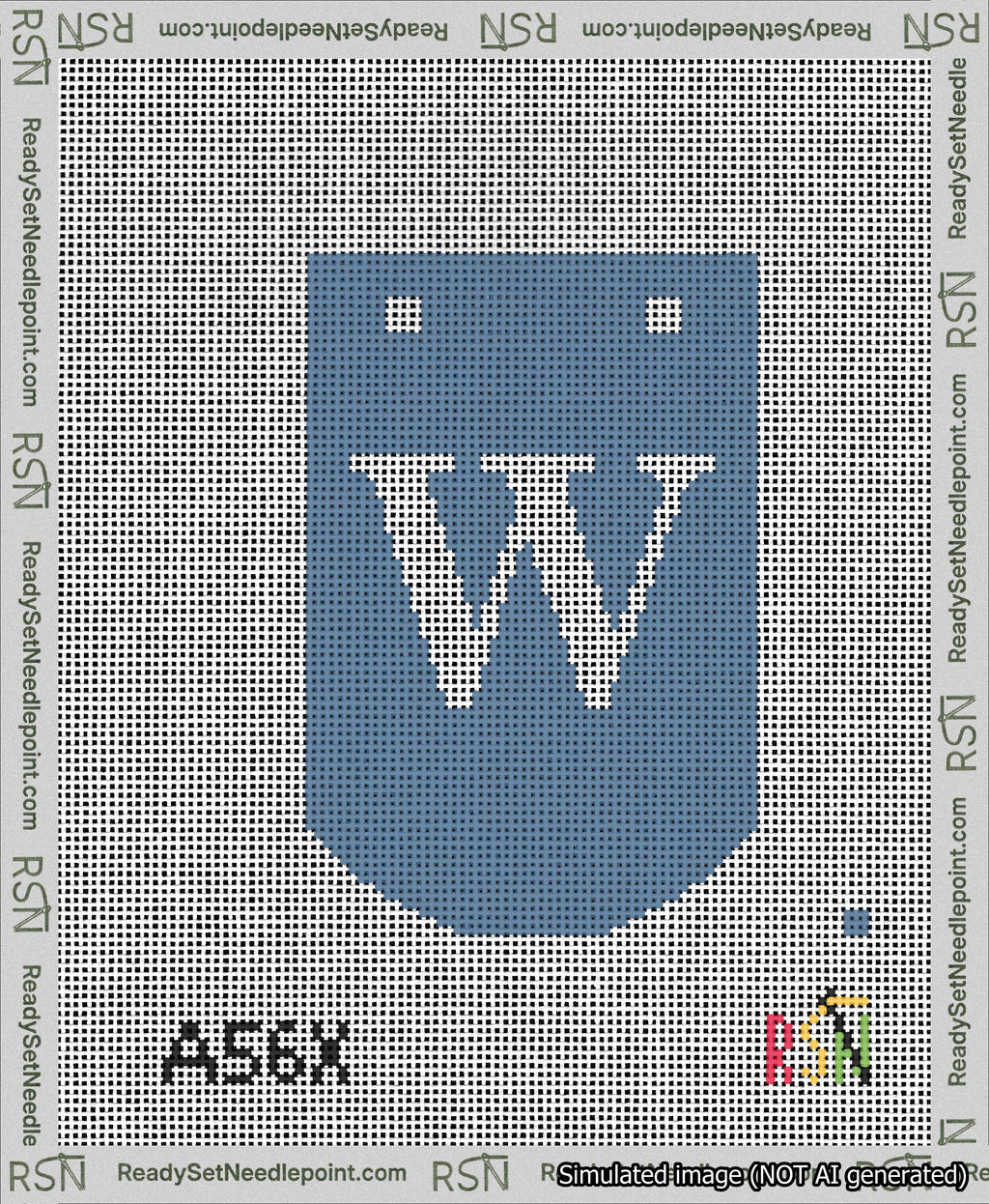 A taped needlepoint canvas with the design: Banner 13 mesh count Curved W White on Blue.