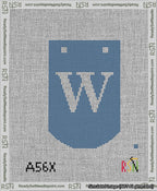 A taped needlepoint canvas with the design: Banner 13 mesh count Curved W White on Blue.