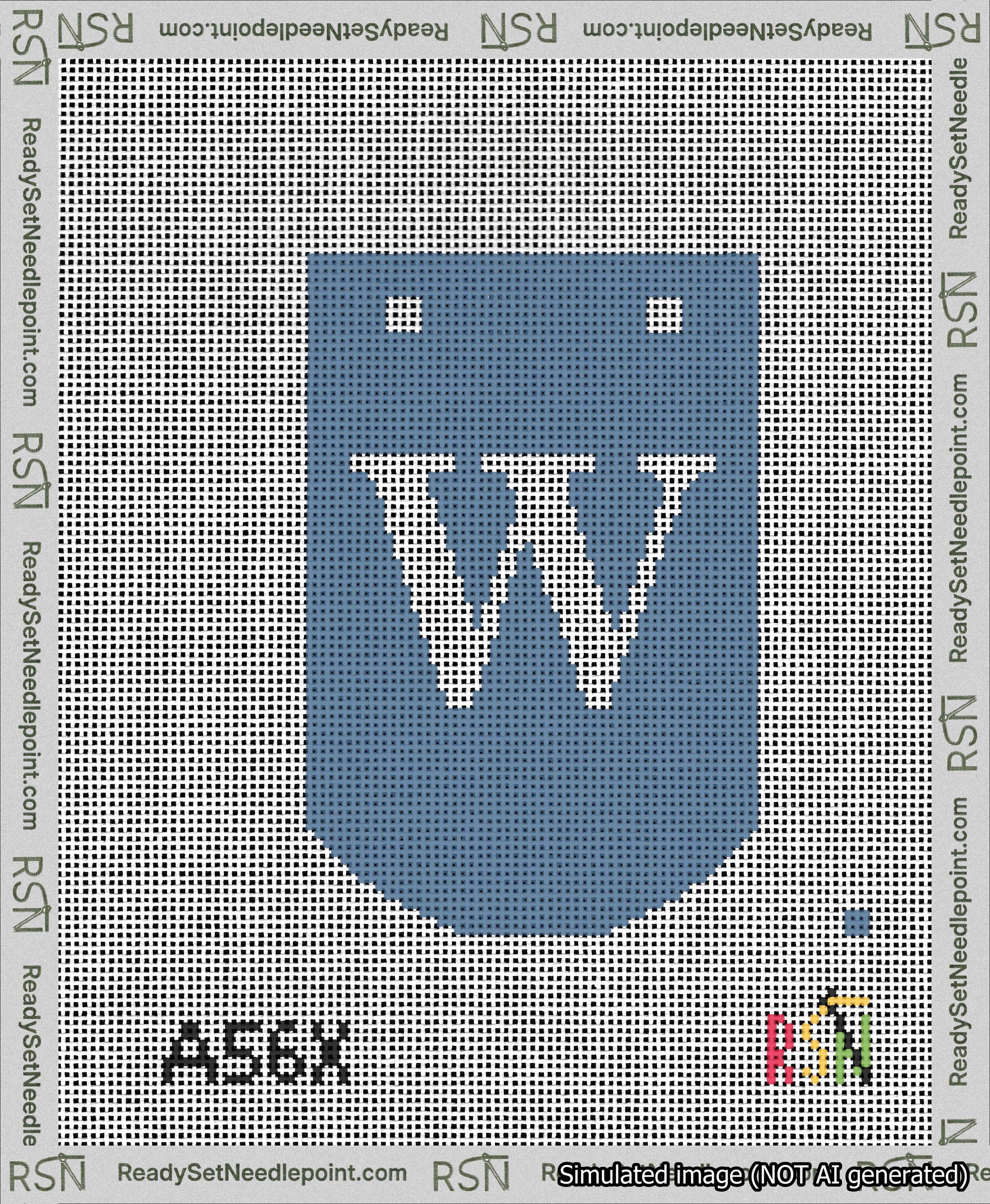A taped needlepoint canvas with the design: Banner 13 mesh count Curved W White on Blue.