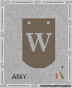 A taped needlepoint canvas with the design: Banner 13 mesh count Curved W White on Brown.