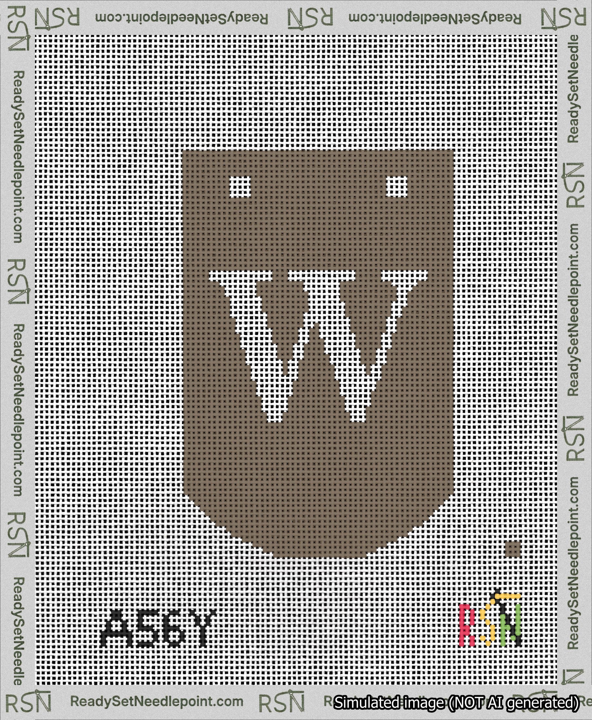 A taped needlepoint canvas with the design: Banner 13 mesh count Curved W White on Brown.