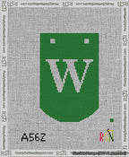 A taped needlepoint canvas with the design: Banner 13 mesh count Curved W White on Green.