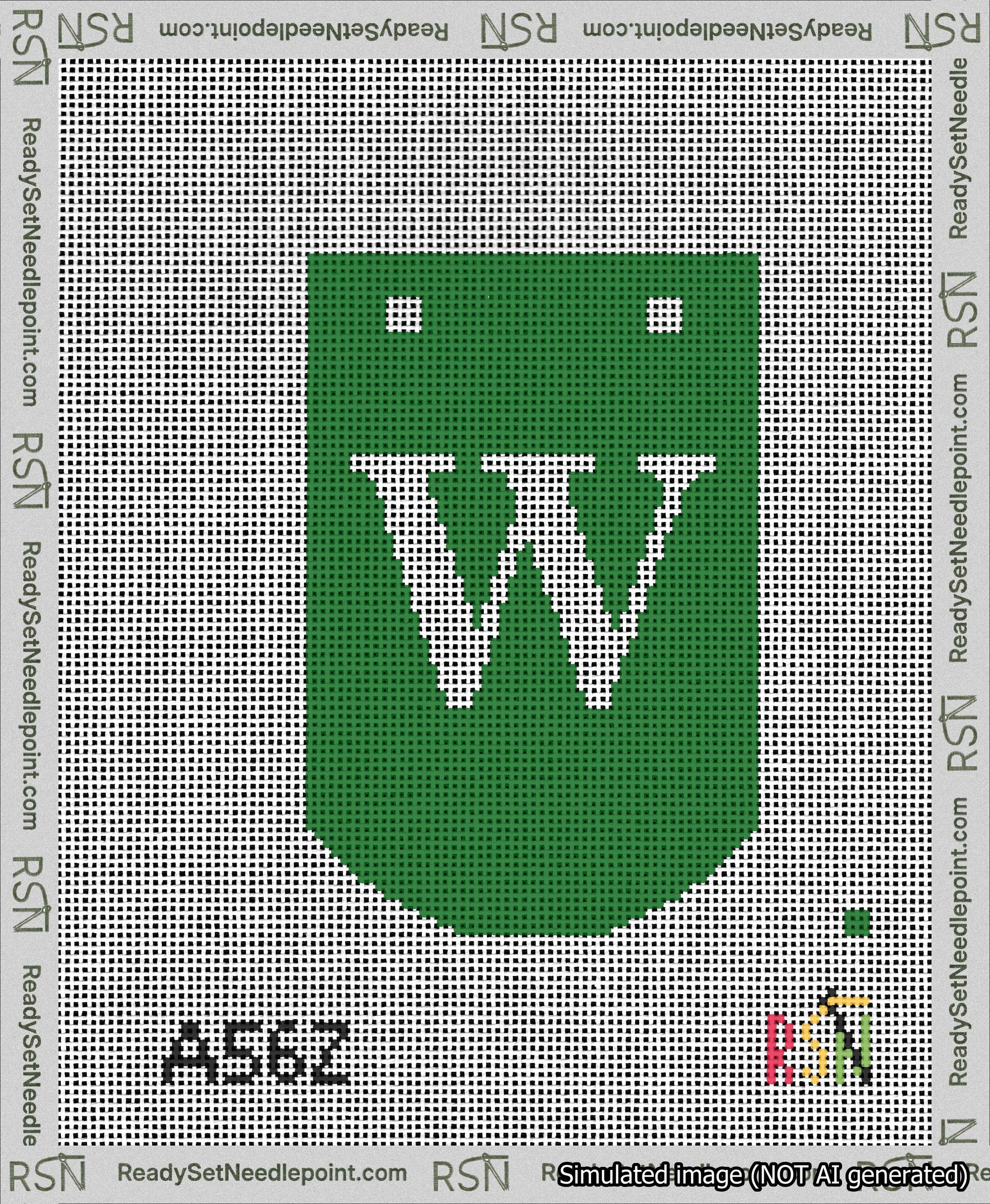 A taped needlepoint canvas with the design: Banner 13 mesh count Curved W White on Green.